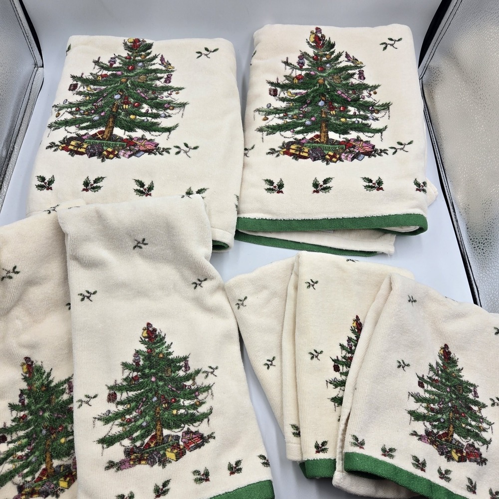 Vintage Spode Christmas Tree Decor Towel Set Of 7 Avanti Linens 100% Cotton‎